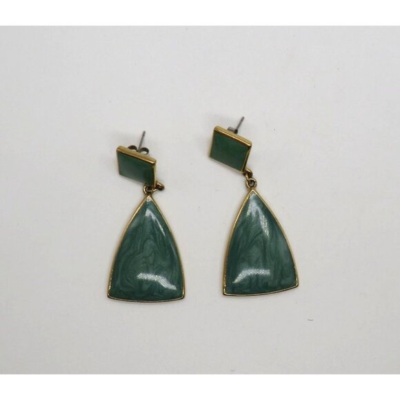 Vintage Trifari Earrings Gold Tone Green Marbled Enamel Triangle Dangle - Picture 6 of 10